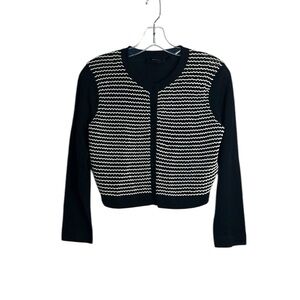 Paule Ka Black and White Stripe Wool Cropped Button Up Cardigan L Quiet Luxury